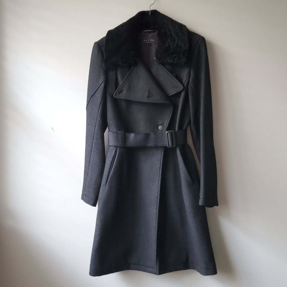 NEW rag & bone Black Belted Wool Coat with Fur Collar - Size 4
